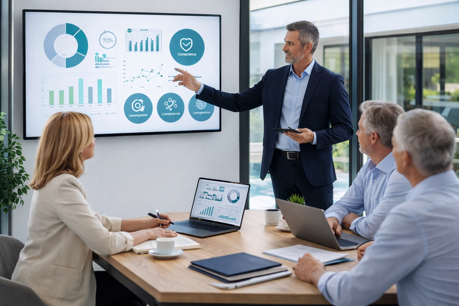 Professional property management team discussing structured governance and modern management systems