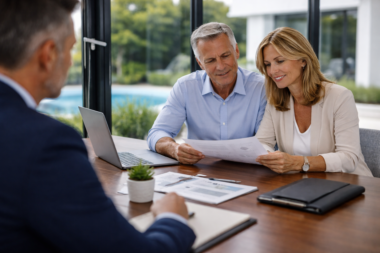 Property owners reviewing management documents in a professional consultation setting
